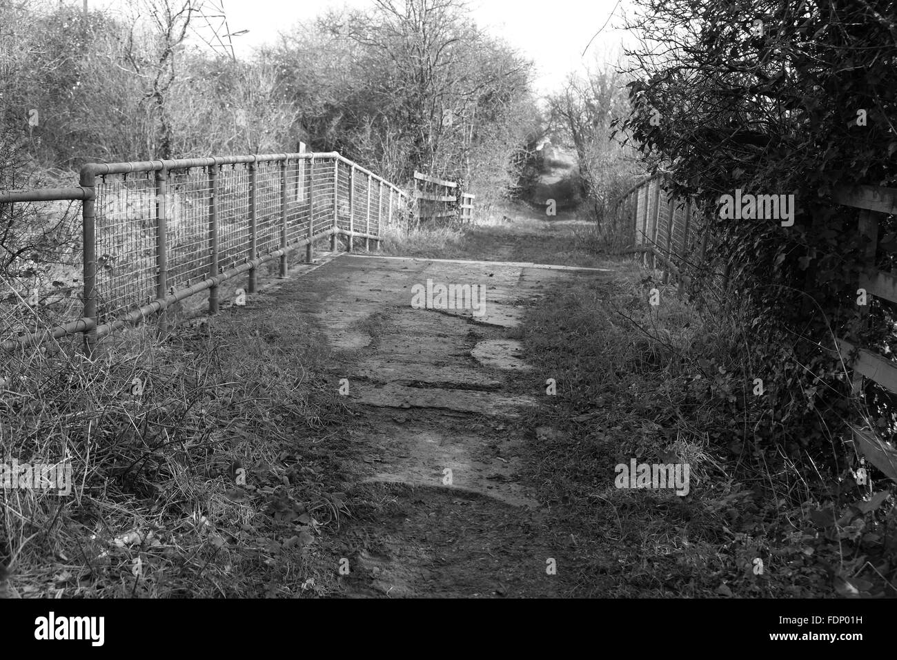 Eine alte Brücke, die schon bessere Tage gesehen und ist Anfang Herbst auseinander, Februar 2016 Stockfoto