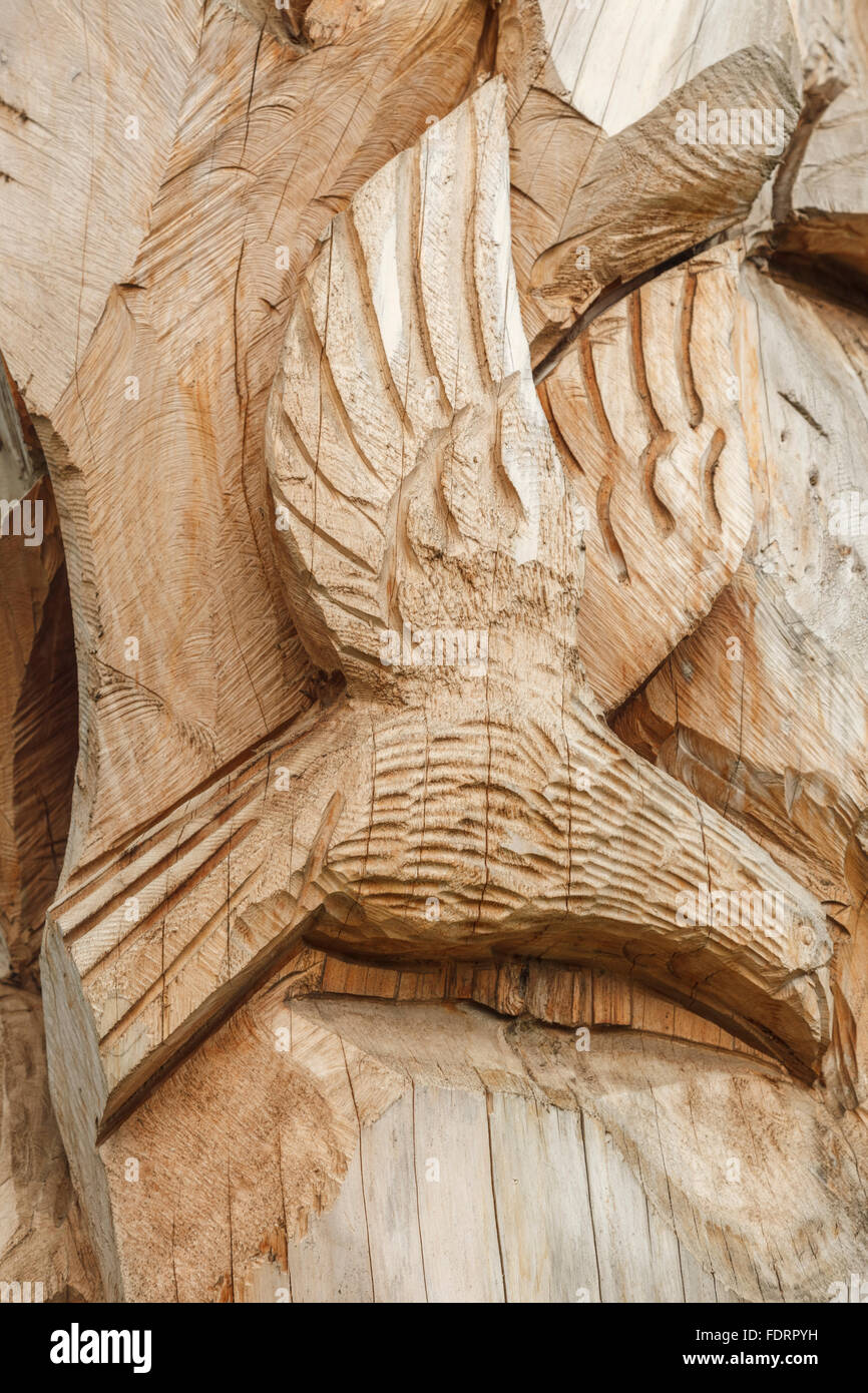Holzschnitzerei Bildhauerei auf Baum im Hafen Tourist Park, Oamaru, North Otago, Südinsel, Neuseeland Stockfoto