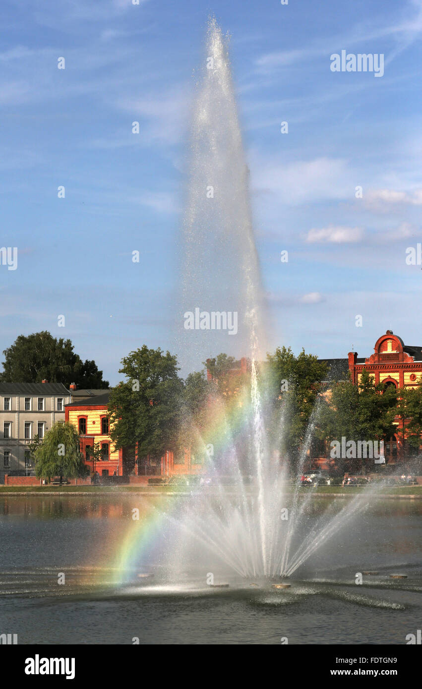 Schwerin, Deutschland, mit Blick auf die Wasserfontaene in Pfaffenteich Stockfoto