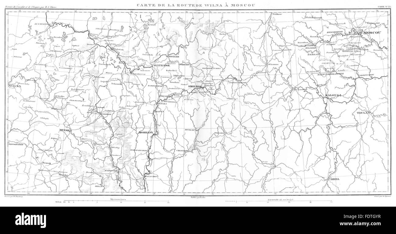 BELARUS-Russland: Route de Vilnius (Wilna) À Moscou. Smolensk Minsk, 1859-Karte Stockfoto