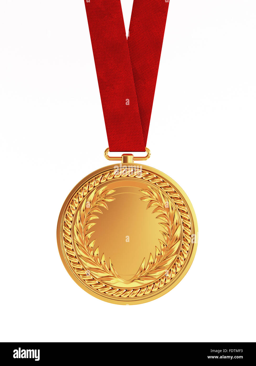 Leere goldene Medaille mit Band für ersten Platz Meisterschaft isoliert auf weißem Hintergrund Stockfoto