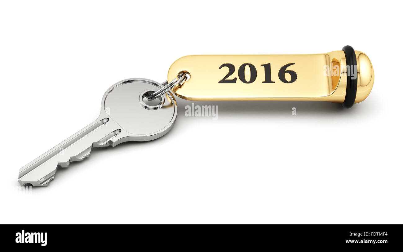 Zimmerschlüssel mit goldenen Schlüsselanhänger 2016 Neujahr Konzept isoliert auf weiss Stockfoto