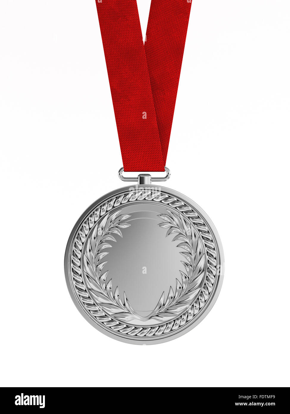 Leere Silbermedaille mit Band für zweiten Platz Meisterschaft isoliert auf weißem Hintergrund Stockfoto
