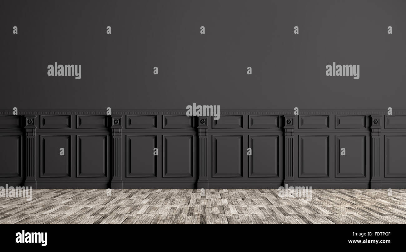 Schwarz klassische Einrichtung mit Wandverkleidung Hintergrund, 3D-Rendering Stockfoto