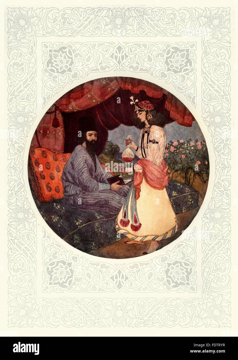 Eine Szene aus der Rubaiyat von Omar Khayyam. Kommen, den Becher füllen und in die Feuer des Frühlings, der Winter Gewand der Reue Seitensprung Stockfoto