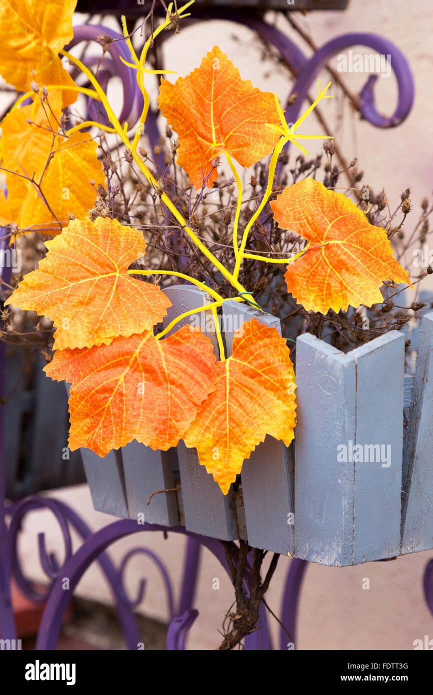 Schöne Aussicht auf kreative Herbst Komposition dekoriert dekorative leuchtend gelbe Blätter hell Herbst Hintergrund für Design. Stockfoto