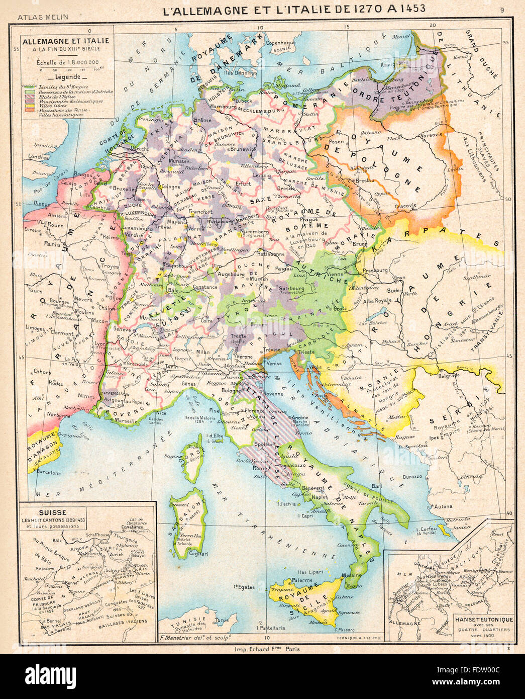 Europa: Allemagne Italie 1270-1453; Suisse 1308; Hanseteutonique, 1900 alte Karte Stockfoto