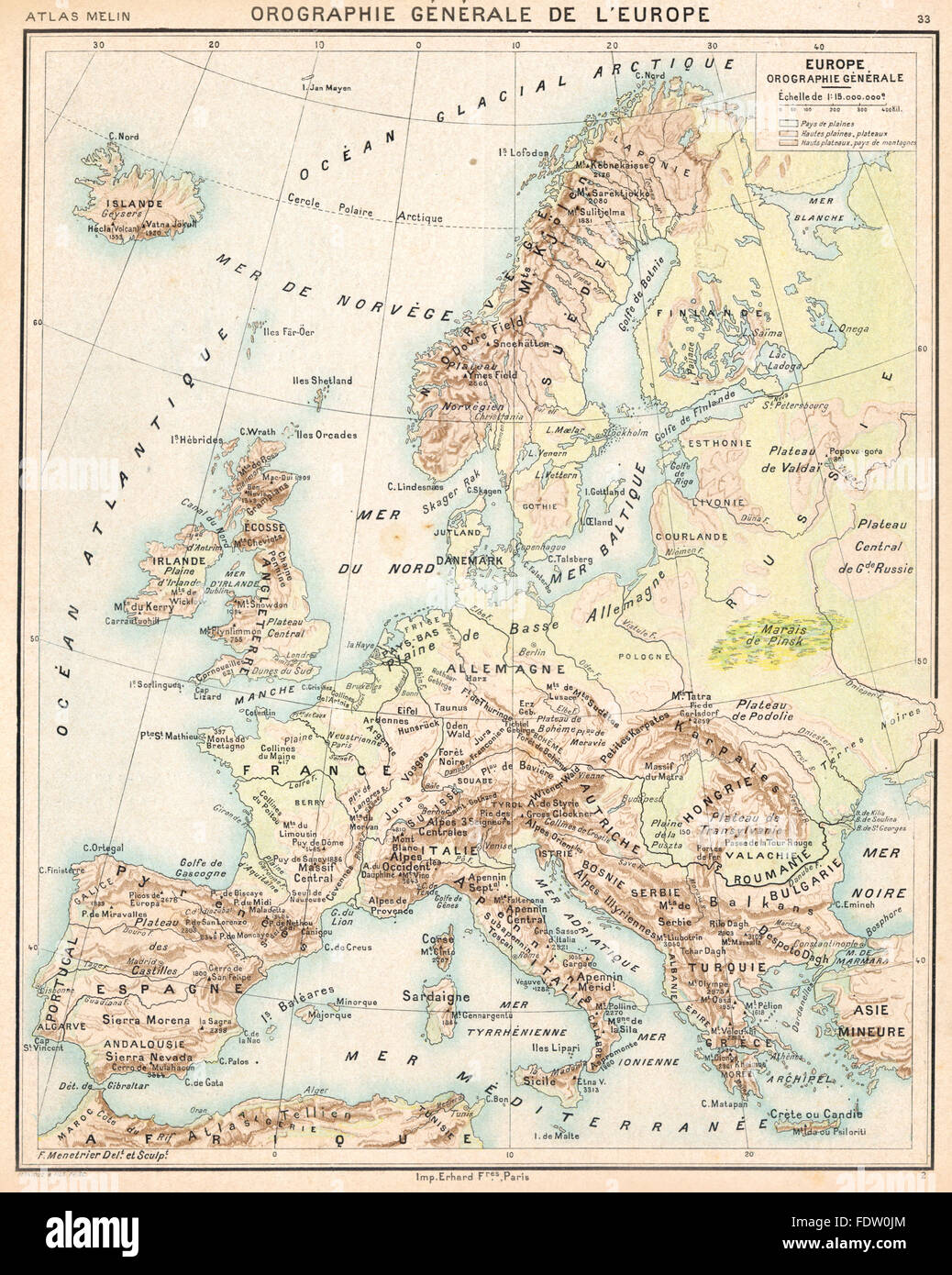 Europa: Orographie Générale de L'Europe, 1900 Antike Landkarte Stockfoto
