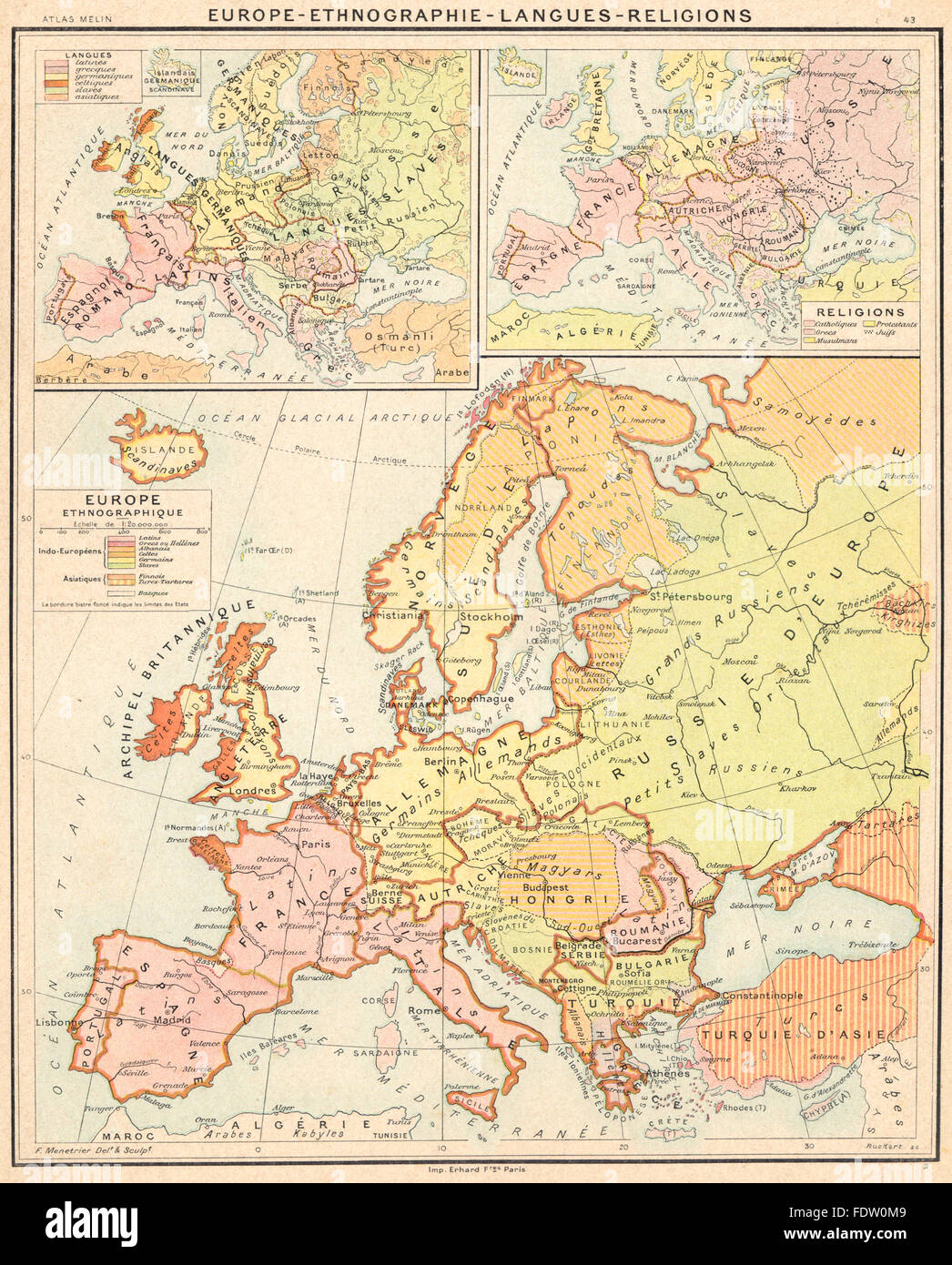 Europa: Ethnographie - Langues-Religionen, 1900 Antike Landkarte Stockfoto