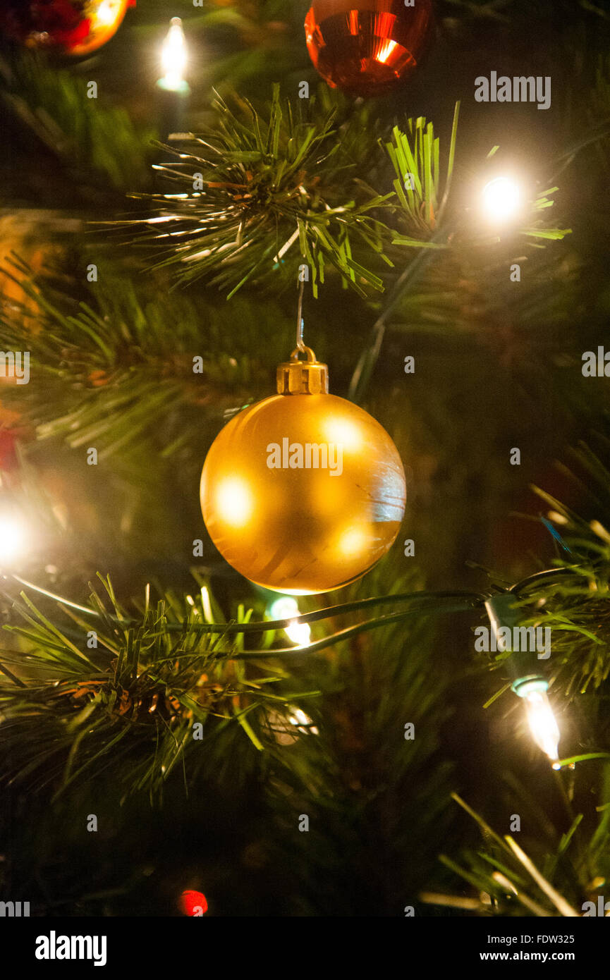 Goldene Kugel am Weihnachtsbaum mit Lichterketten beleuchtet. Stockfoto