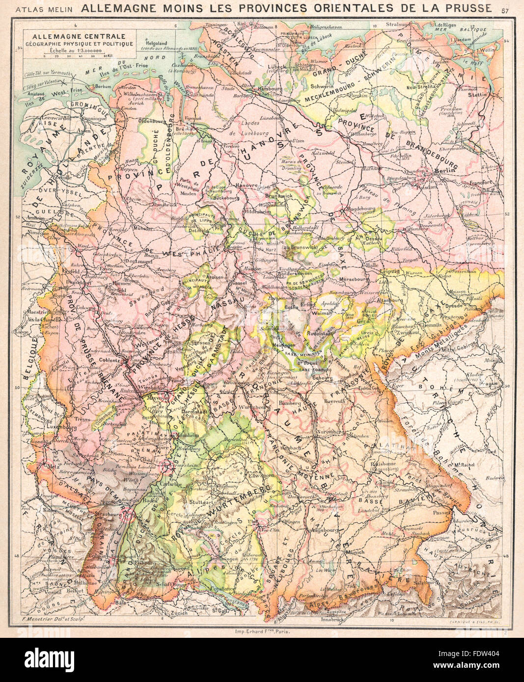 Deutschland: Allemagne Centrale Géographie Physique et Politique, 1900 Antike Landkarte Stockfoto