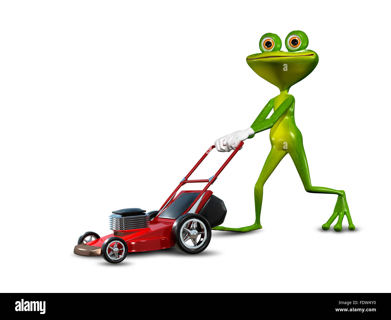 Abbildung grüne Frosch mit einem Rasenmäher Stockfoto