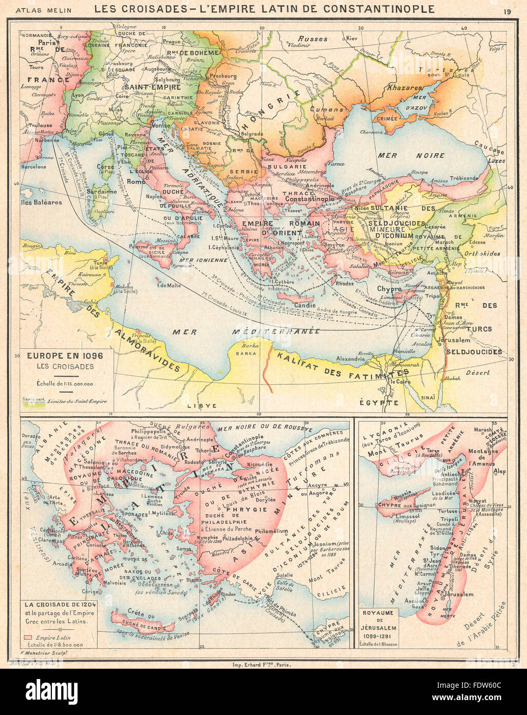 Europa: Croisades Kreuzzüge Byzanz; lateinisch; 1096; 1204; Jérusalem, 1900 Karte Stockfoto