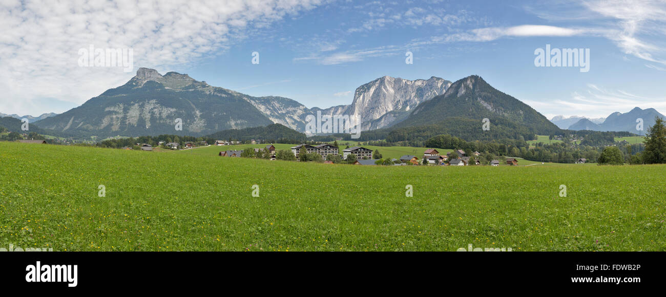 Idyllischer Landschaft in den Alpen mit frischen grünen Wiesen und blühenden Blumen, Dorf und Berg an der Spitze im Hintergrund. Österreich Stockfoto