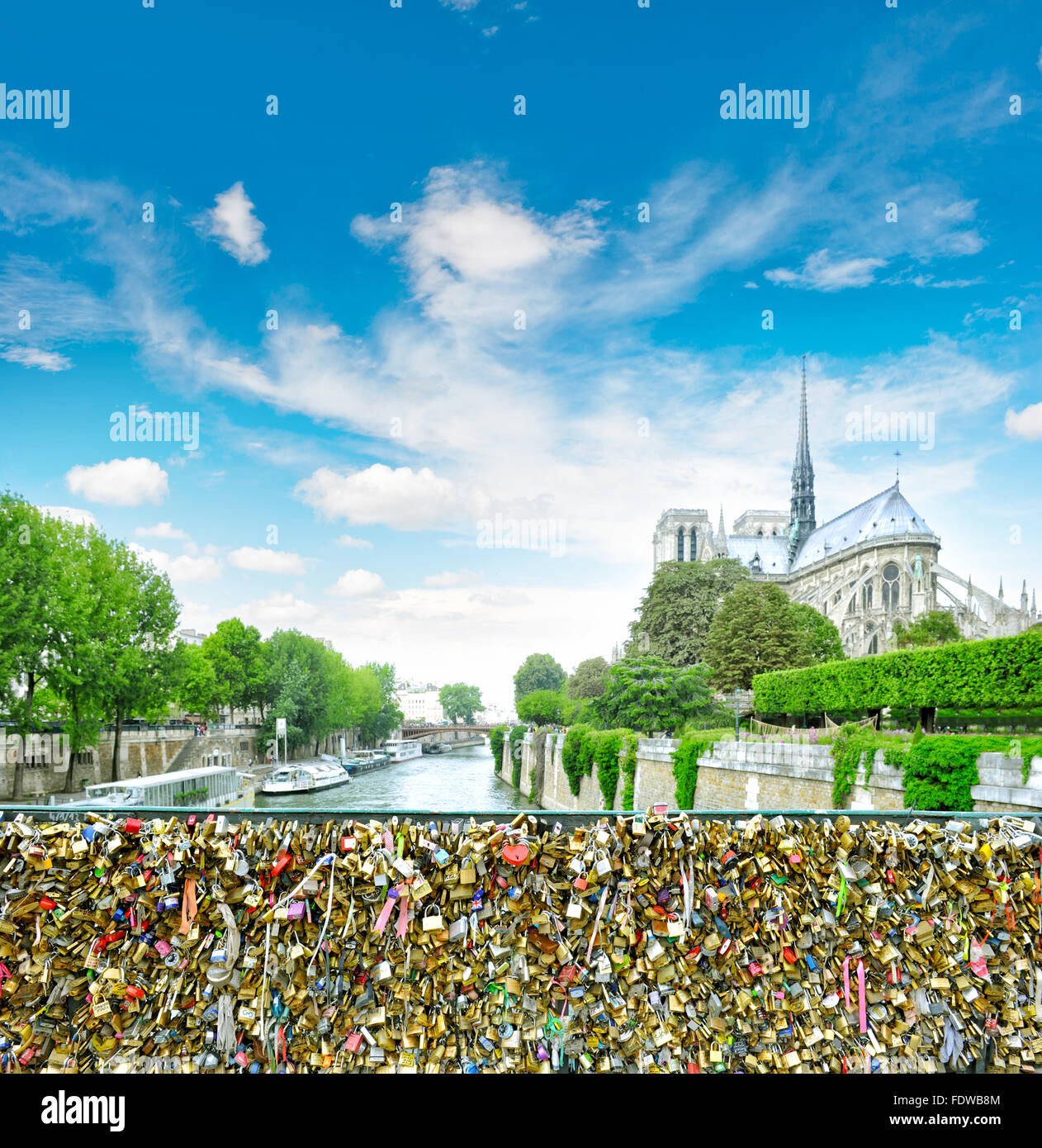 Liebesschlösser. Notre Dame de Paris Carhedral. Retro-Stil getönten Bild Stockfoto