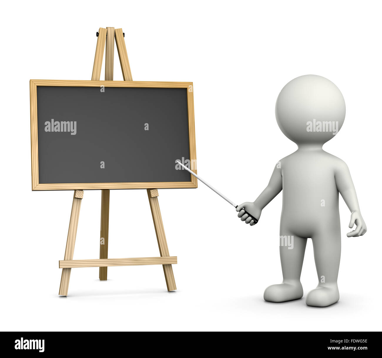 Weiße 3D-Charakter Lehrer mit einer horizontalen leere Tafel isoliert auf weißem Hintergrund 3D Illustration Stockfoto