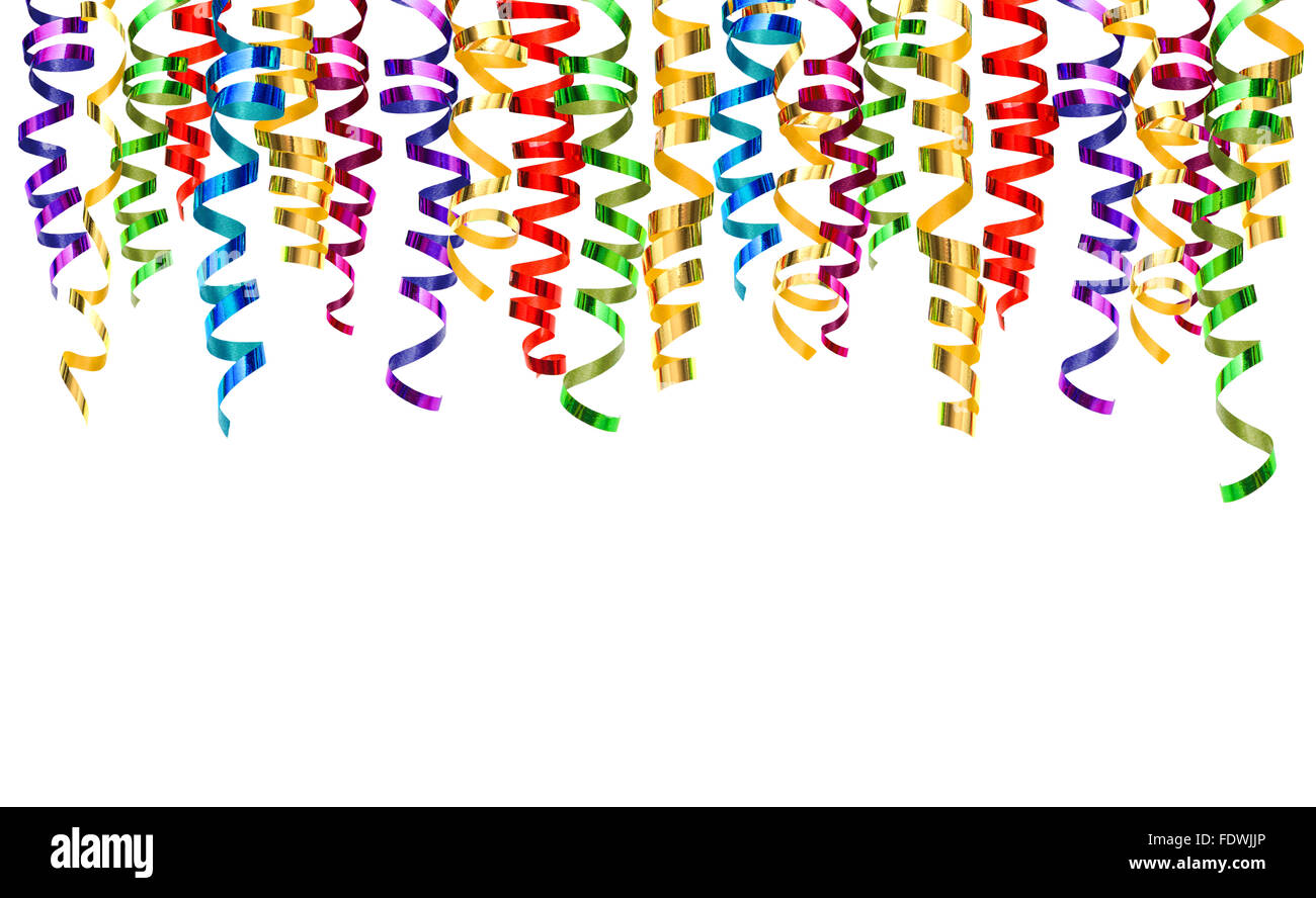 Serpentin Streamer auf weißem Hintergrund. Karneval Party Dekoration Stockfoto