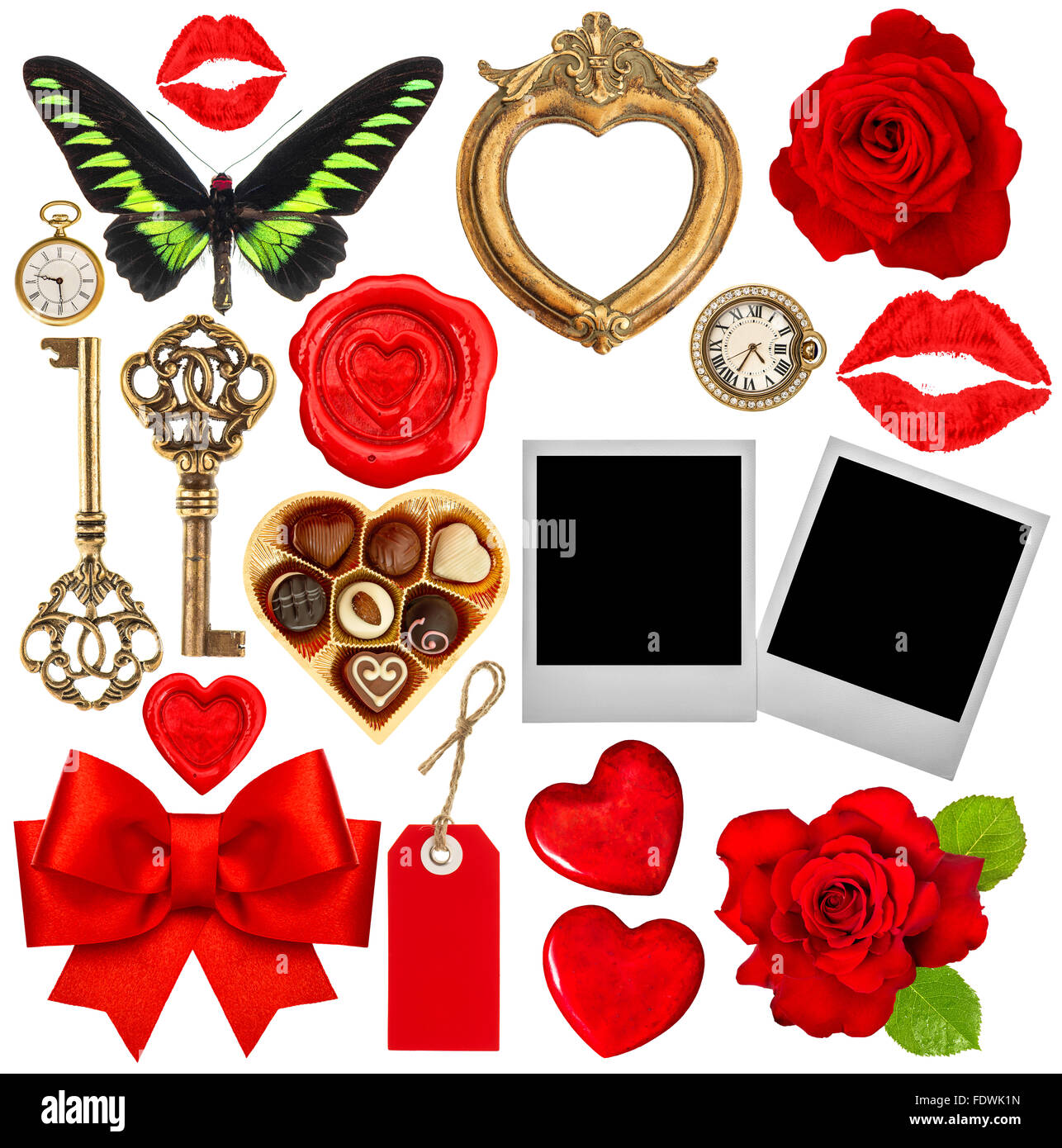 Auflistung von verschiedenen Objekten für Valentinstag Sammelalbum. Rote Herzen, Lippen küssen, Foto-Rahmen, rose Blume Stockfoto