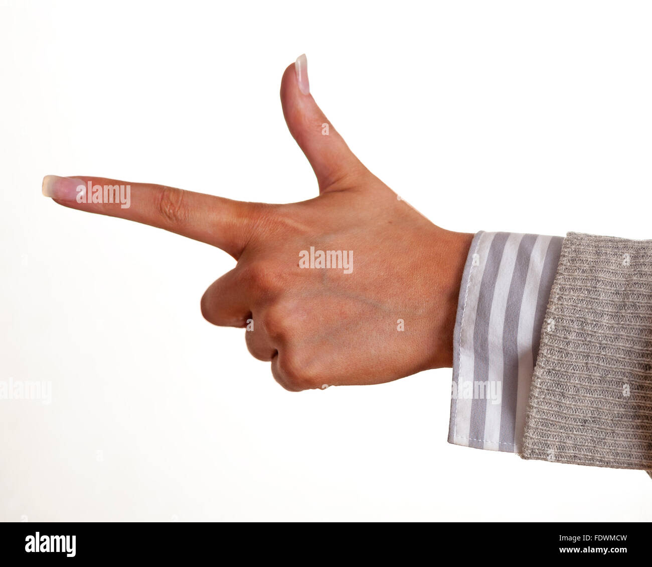 Nahaufnahme des Woman's Hand und Zeigefinger Richtung, auf weißem Hintergrund Model Release: Ja. Property Release: Nein. Stockfoto