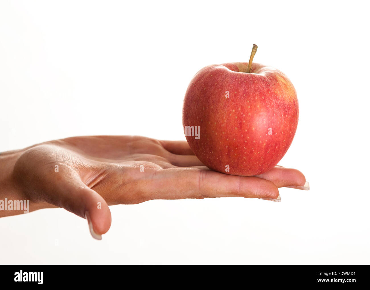 Frau heraus halten, Hände mit einem Apple auf weißem Hintergrund Model Release: Ja. Property Release: Nein. Stockfoto