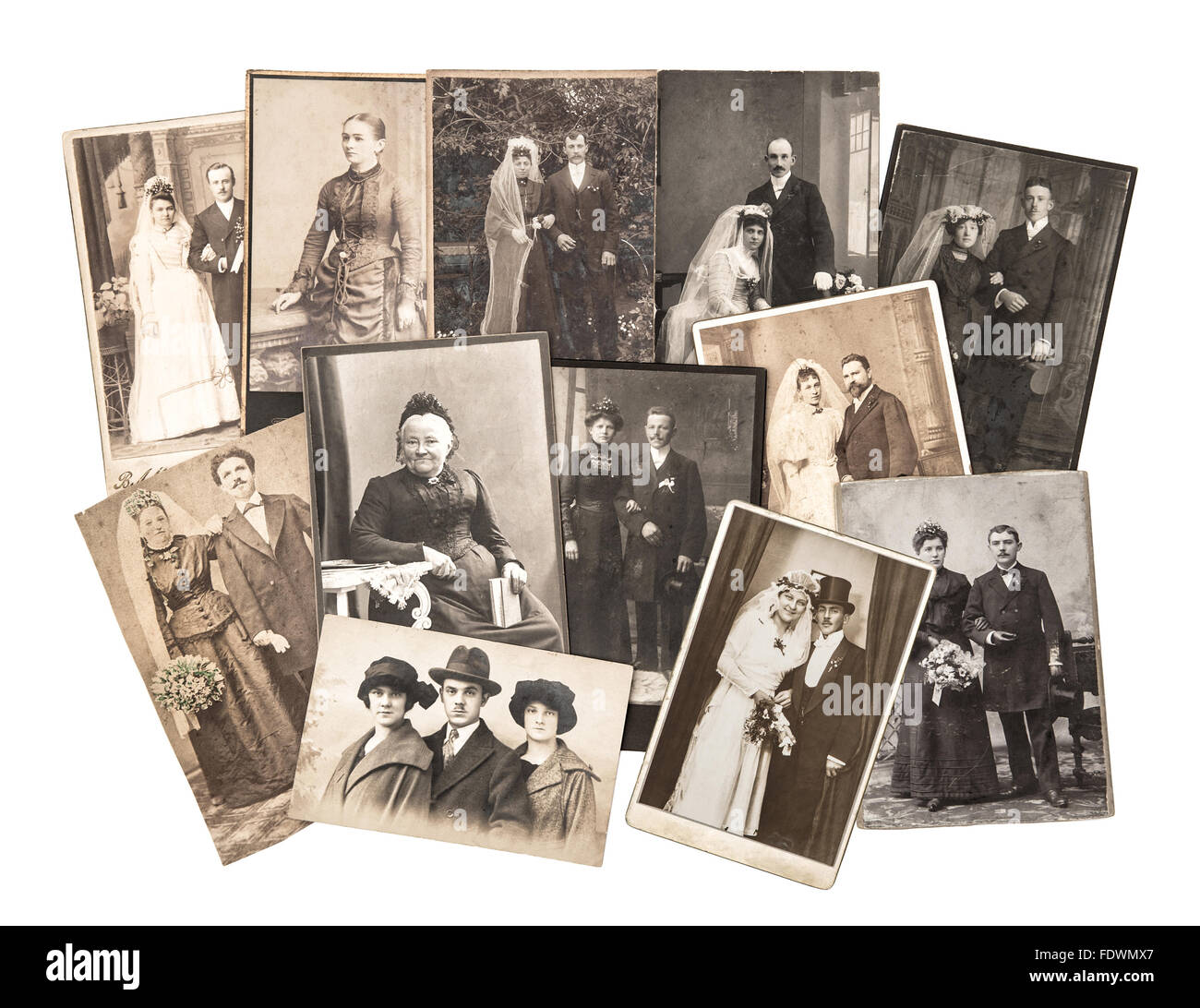 Vintage Familien- und Hochzeitsfotos. Nostalgische sentimental Bilder auf weißem Hintergrund Stockfoto