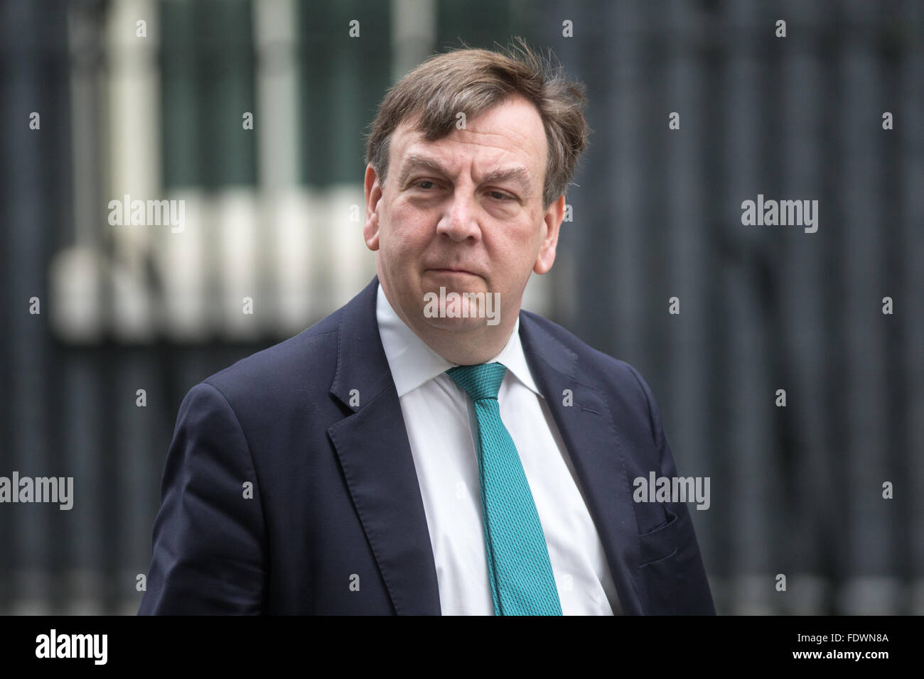 John Whittingdale, Staatssekretär für Kultur, Medien und Sport an Nummer 10 Downing street für eine Kabinettssitzung Stockfoto