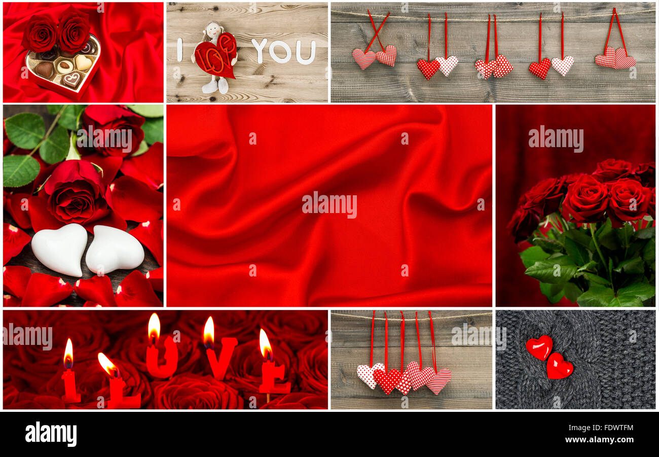 Rote Herzen, rosa Blüten, Dekoration. Valentinstag, Geburtstag, Muttertag Stockfoto