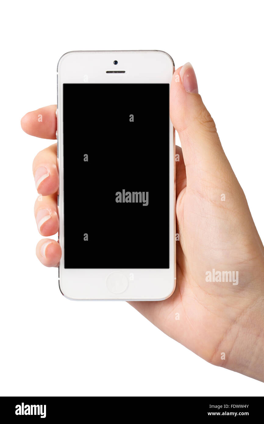 Hand, die leeren Bildschirm Smartphone auf weißem Hintergrund Stockfoto
