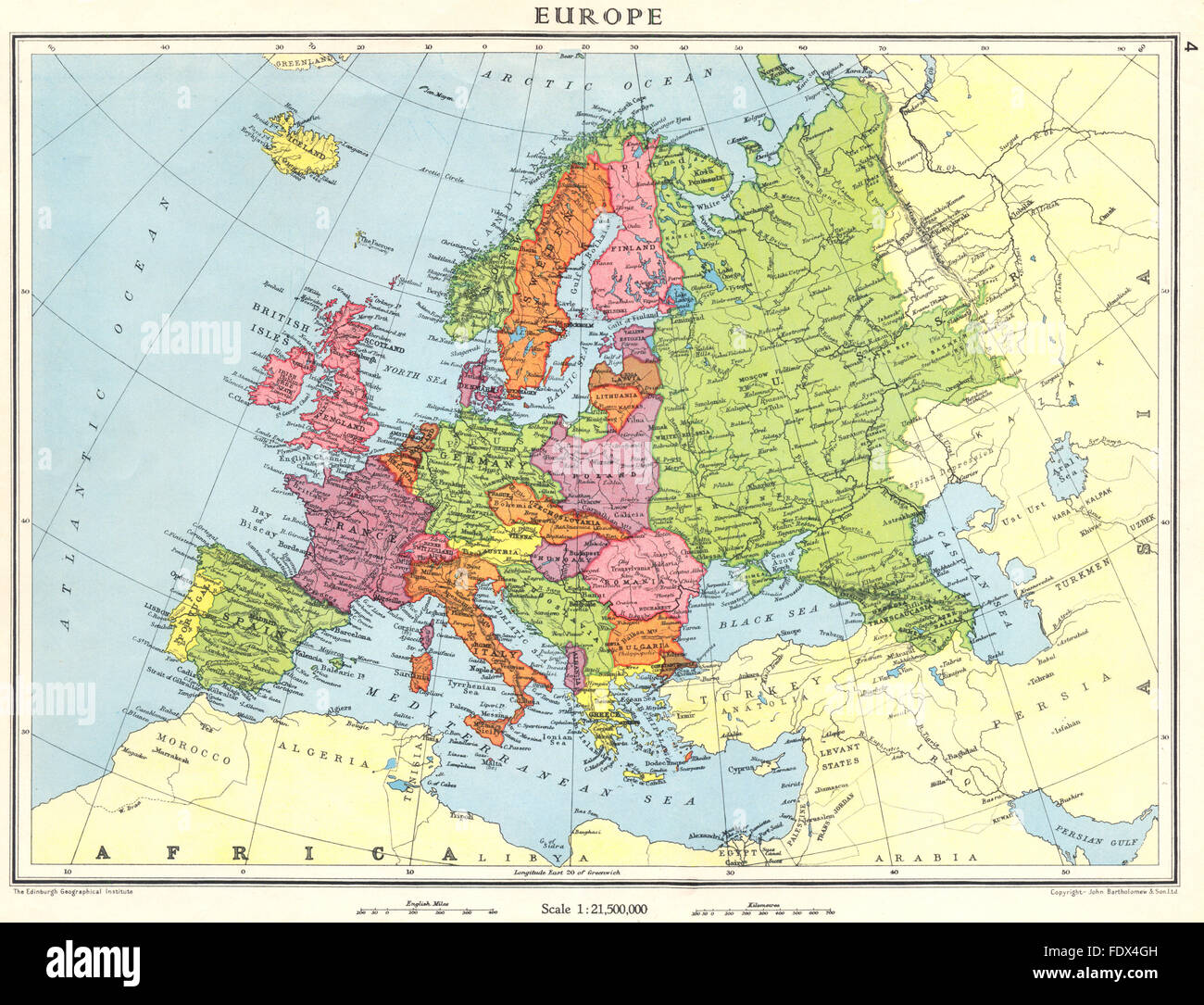 Europa: Europa kurz vor dem 2. Weltkrieg, 1938 Vintage Karte Stockfoto