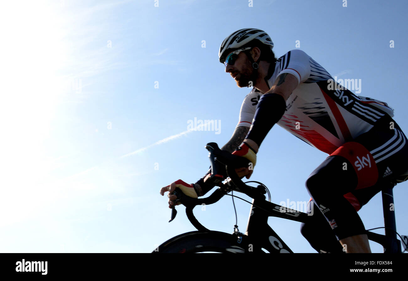 Der britische Radfahrer Bradley Wiggins während der Radfahrer Herausforderung 2016 auf den Straßen von Mallorca, mit der englischen Nationalmannschaft. Stockfoto