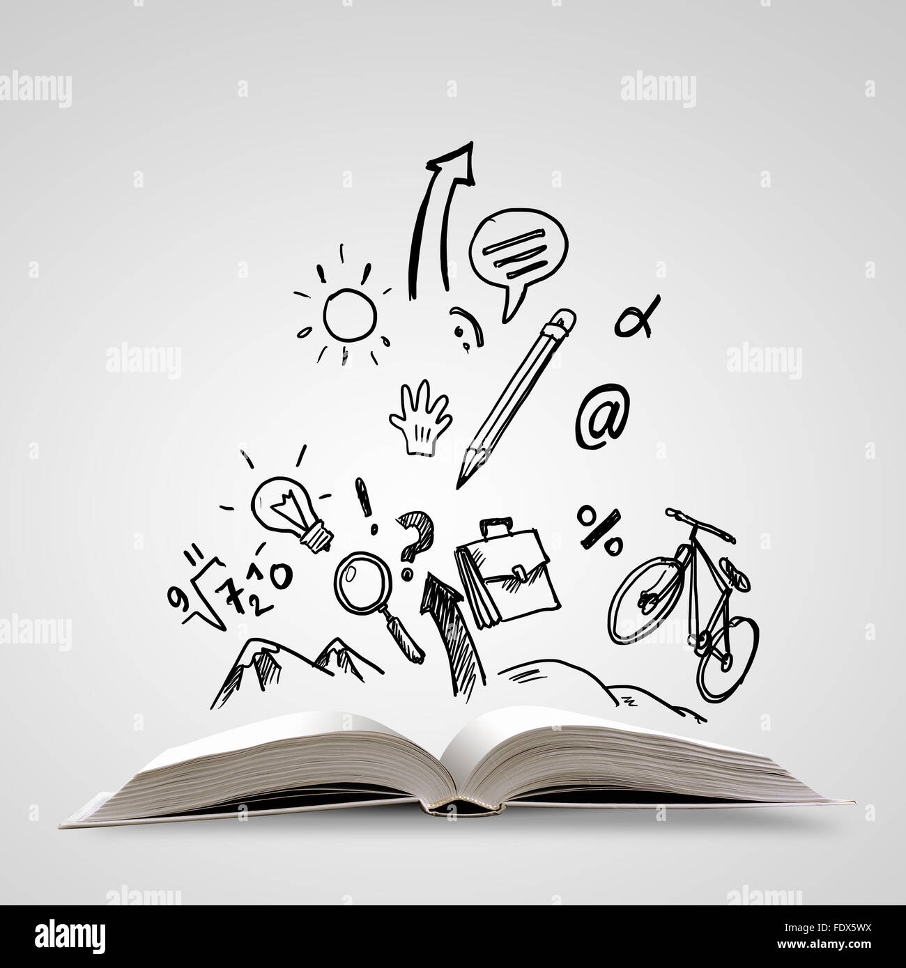 Bild der geöffneten Buch mit Zeichnungen. Collage Stockfoto