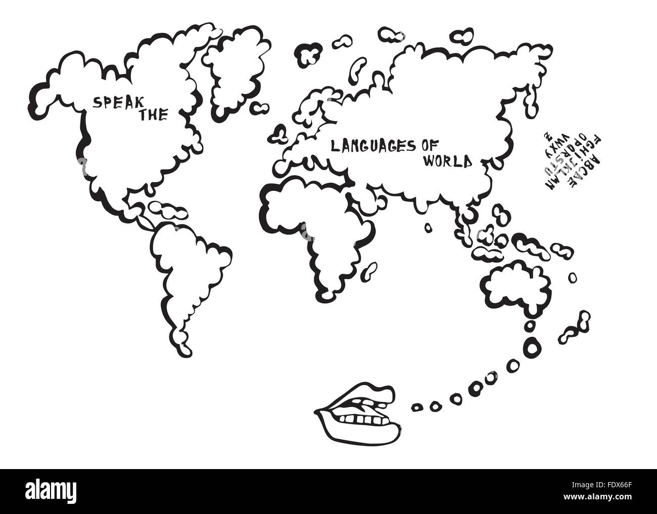 Sprachenlernen Karte mit Mund sprechen Karikatur, die Karte ist eine Sprechblase. Welt. Stock Vektor