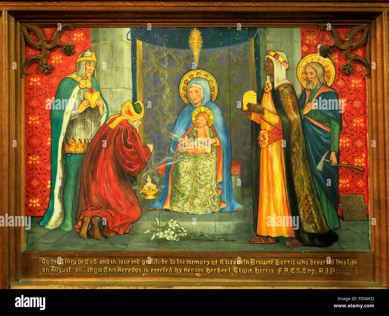 Die Heiligen drei Könige, Jesus, Malerei auf Holz, drei Könige, drei Könige, Gold, Weihrauch, Myrrhe, Geschenke präsentieren Langham, Norfolk Stockfoto