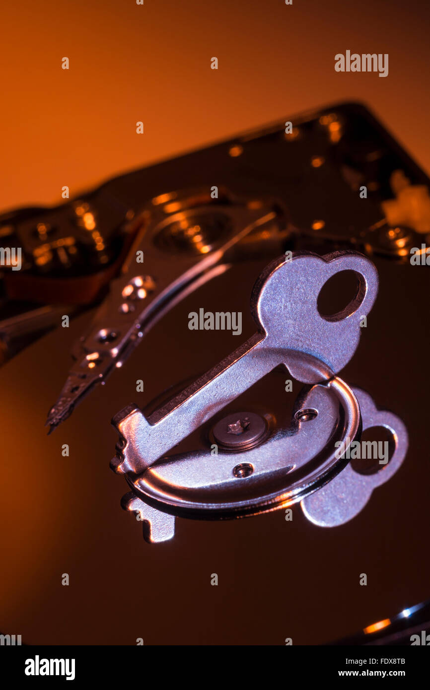 Allgemeiner Schlüssel auf der Festplatte platter - als visuelle Metapher zur Verschlüsselung der Daten, die Datensicherheit, den Zugang, die Berechtigung Zugriff, Server sperren. Stockfoto