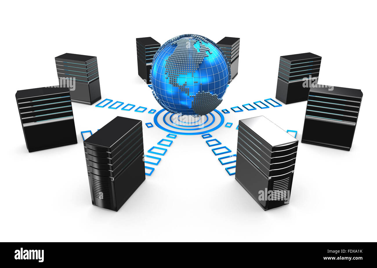 3D von Netzwerkservern Workstation mit der Welt verbunden. Stockfoto
