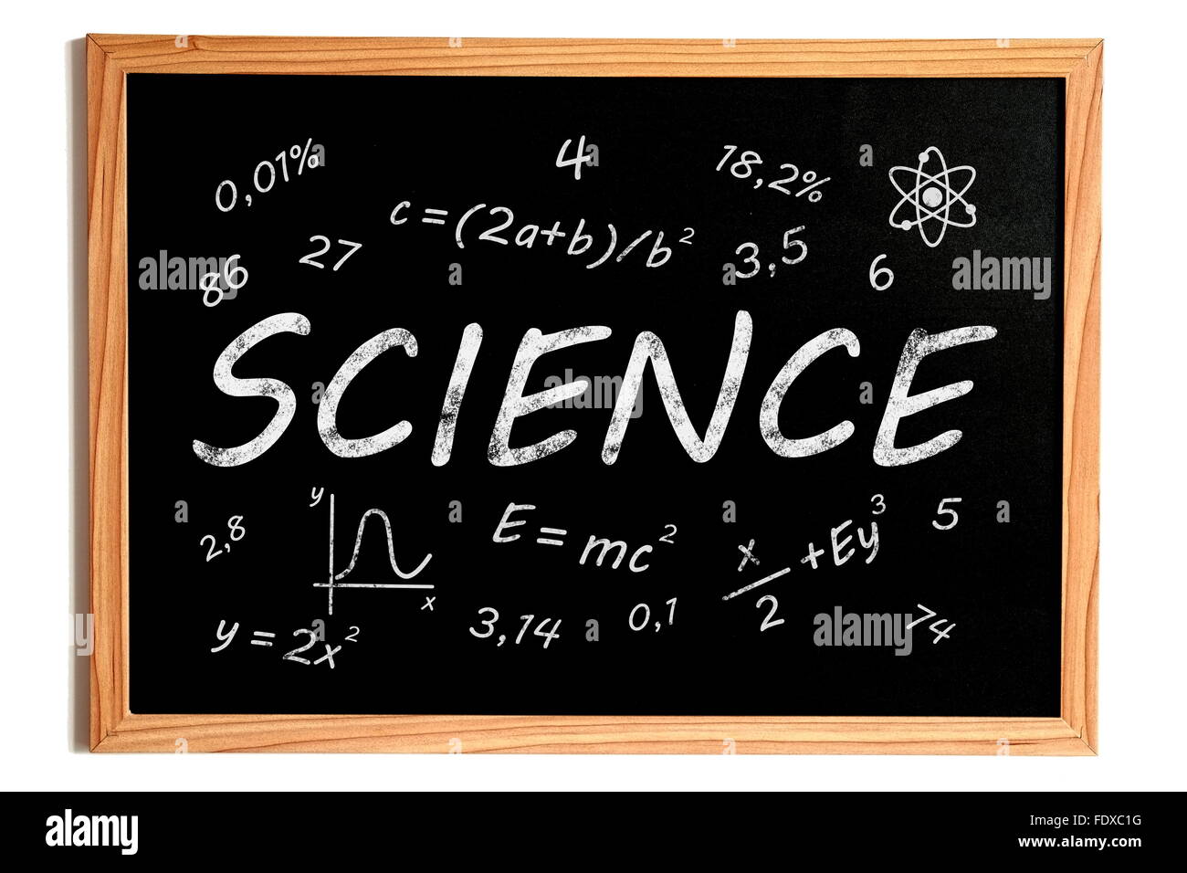 Wissenschaft-Kreide-Text und verwandte Symbole auf Tafel auf weißem Hintergrund Stockfoto