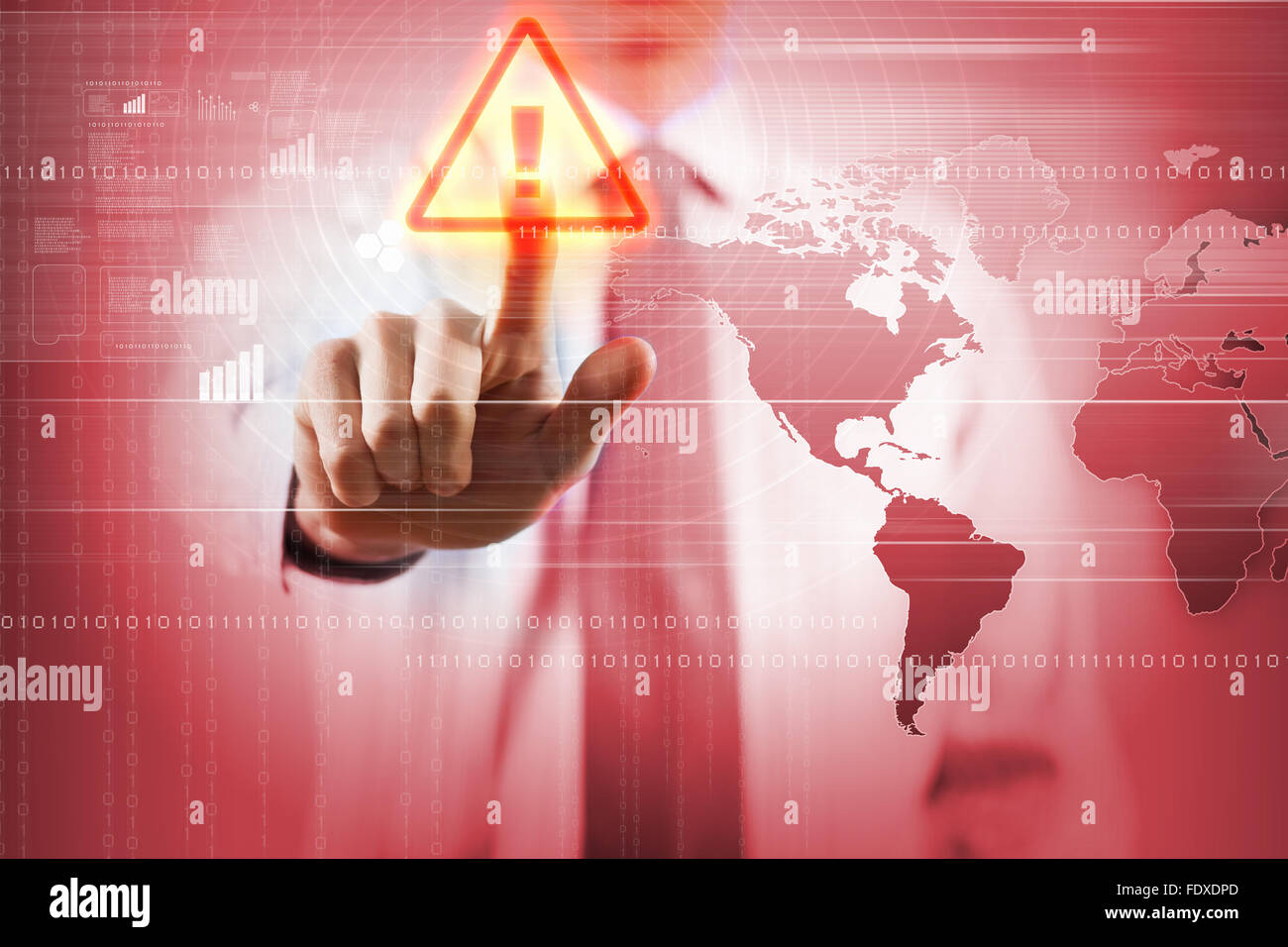 Bild der Geschäftsmann berühren Virus Warnsymbol Stockfoto