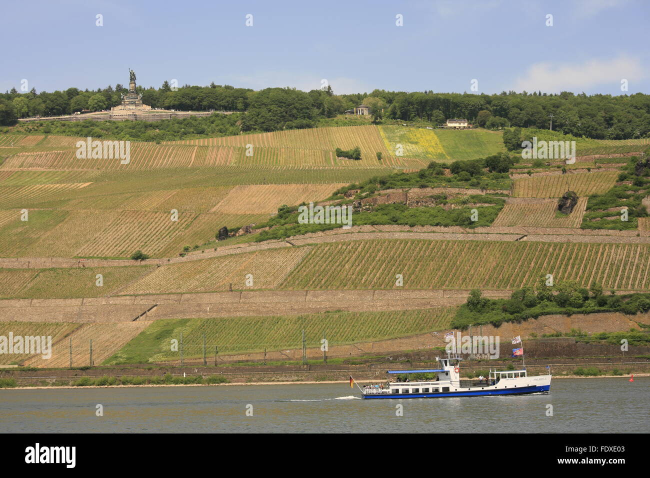 Deutschland, Hessen, Rüdesheim am Rhein, Ausflugs-Schiff Vor Ruedesheimer Berg Mit Niederwalddenkmal Stockfoto
