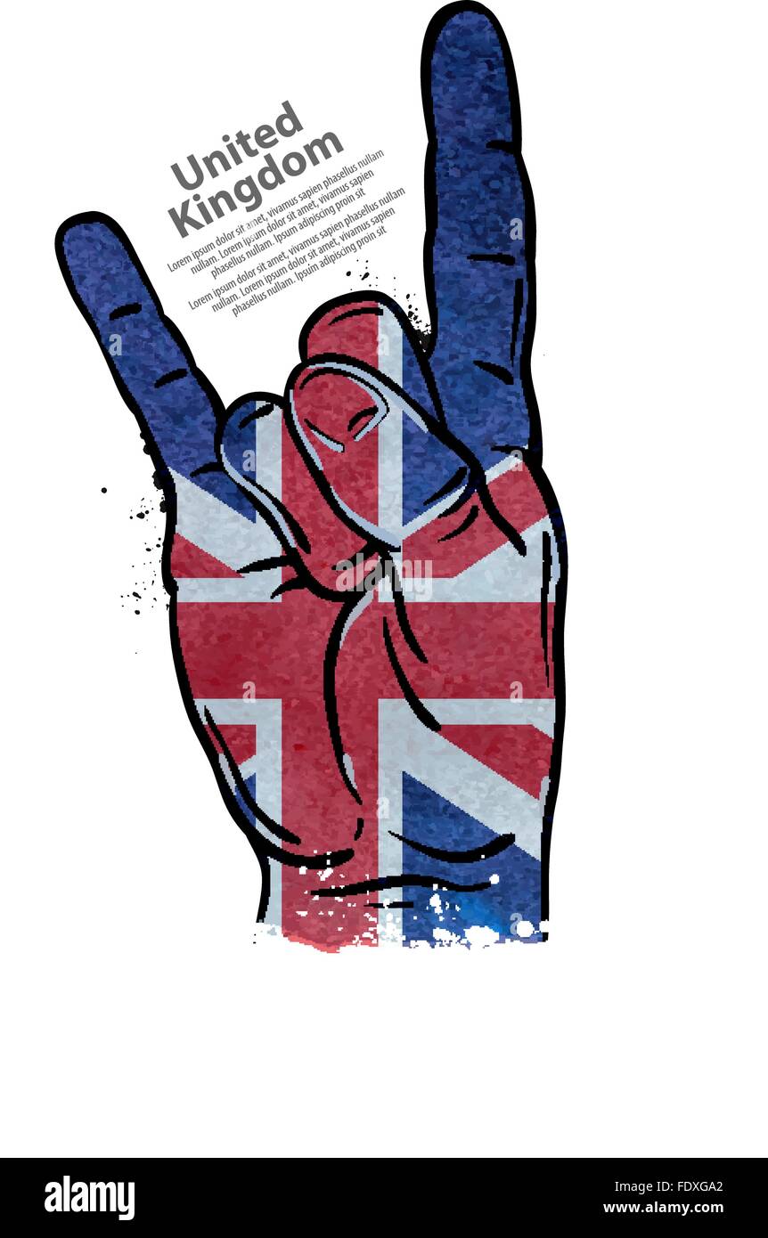 Hand Geste Cool, Rock And Roll. Flagge von England, Großbritannien, Vereinigtes Königreich. Vektor-illustration Stock Vektor