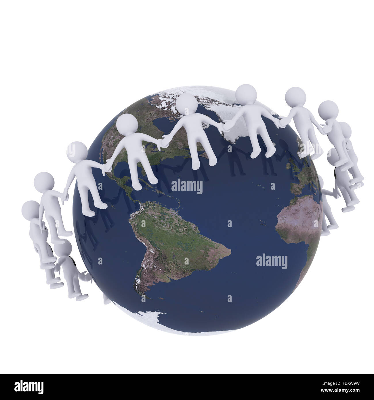 3D Männer zusammen stehen rund um den Globus Stockfoto