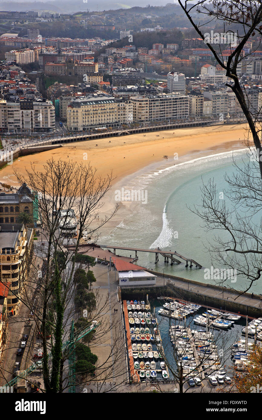 Blick vom Monte Urgull Concha Strand (Playa De La Concha). Donostia - San Sebastián, Baskisches Land, Spanien. Stockfoto