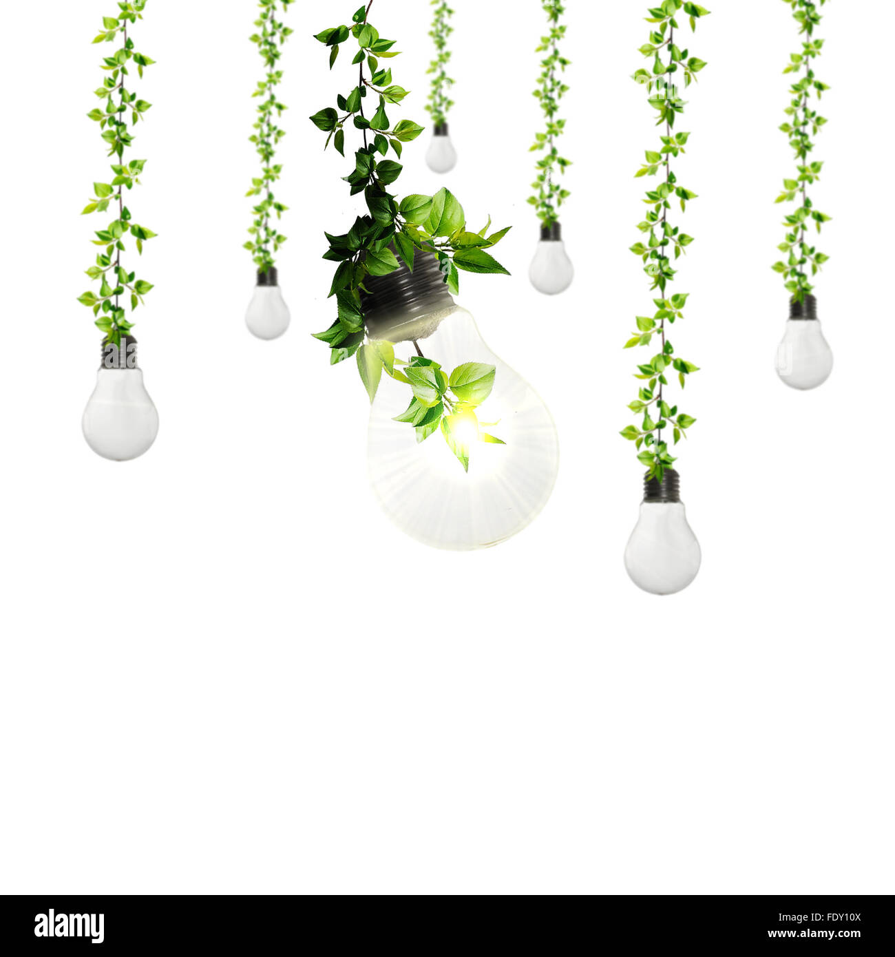 Arme und Glühbirnen. Symbol des Umweltschutzes. Collage. Stockfoto