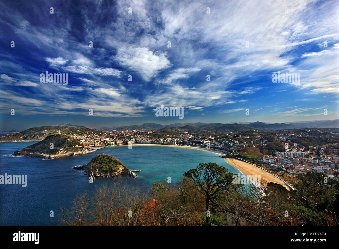 Panoramablick von Donostia-San Sebastian, von Monte Igueldo. Baskisches Land, Spanien. Stockfoto
