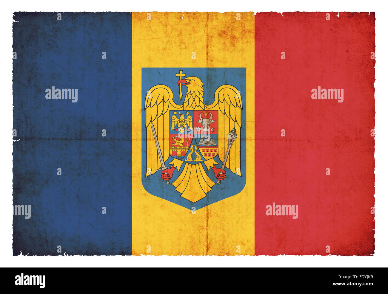 Nationale Flagge von Rumänien mit Wappen im Grunge-Stil erstellt Stockfoto