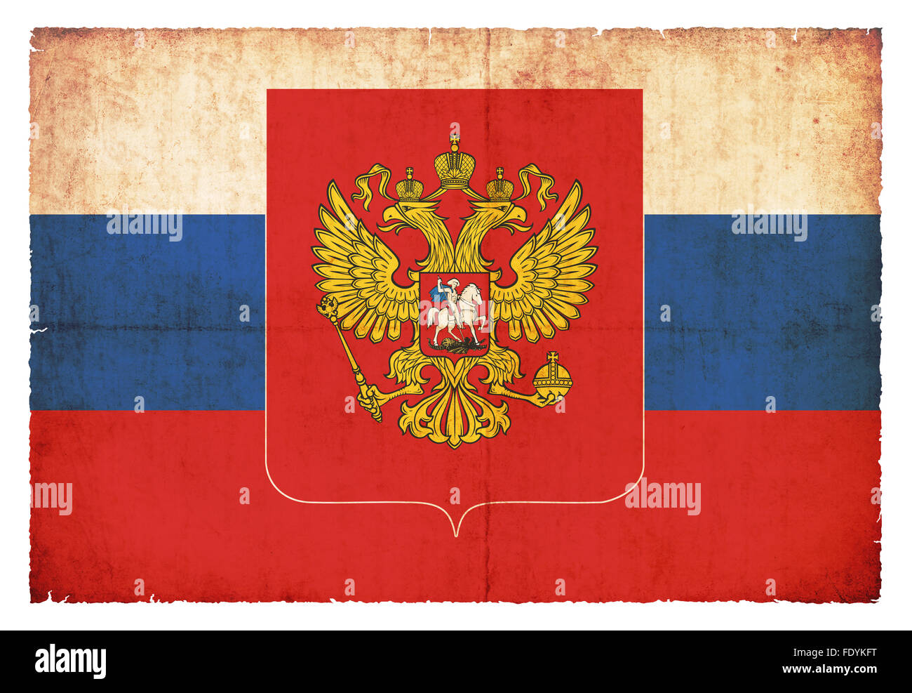 Nationale Flagge von Russland mit Wappen im Grunge-Stil erstellt Stockfoto