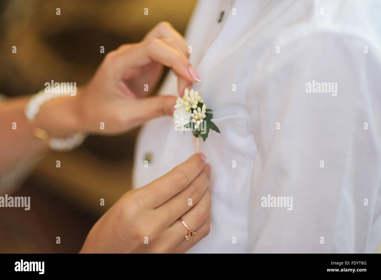 Fixieren einer Boutonniere für Bräutigam am Hochzeitstag Stockfoto