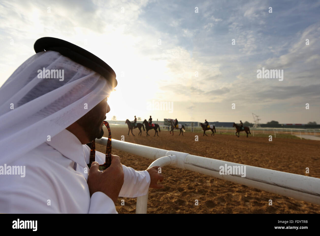 Dubai, Vereinigte Arabische Emirate, Arabische Pferde und Reiter beobachtet während des Trainings auf der Rennbahn Stockfoto