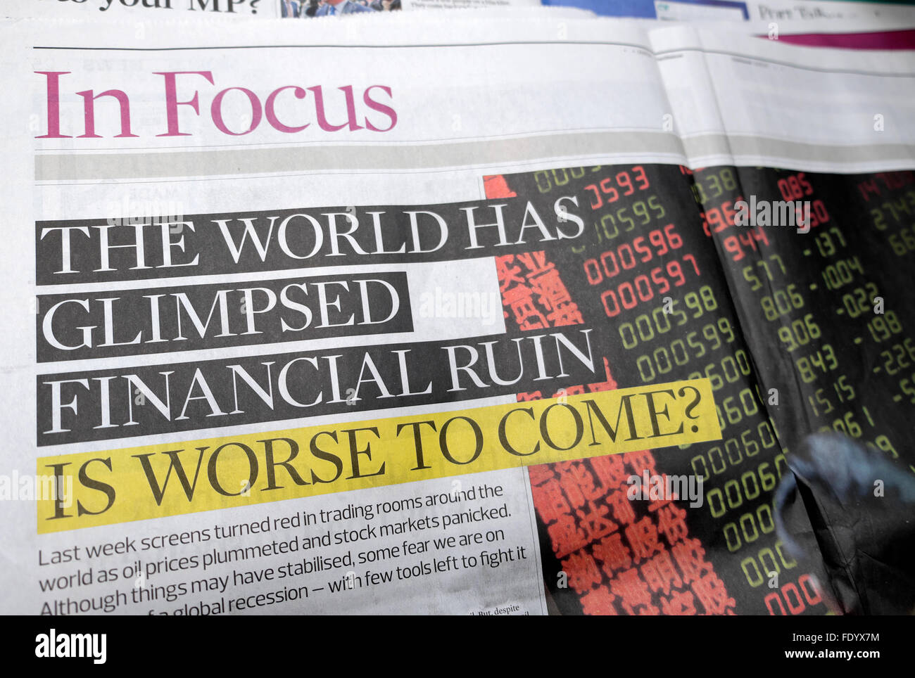 Guardian Zeitung Headline "The World Has Glimpsed Financial Ruin Is Worse to Come?" Finanzkrisen Schlagzeilen am 24. Januar 2016 London Britain UK Stockfoto