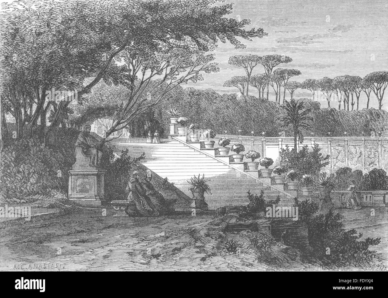 Rom: Gärten der Pamphili Villa, antique print 1872 Stockfoto