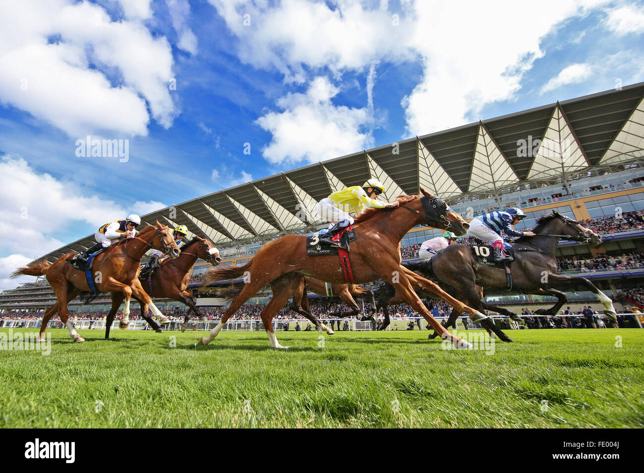 Ascot, Großbritannien, Pferde und jockeys im Abgang vor der Tribüne Stockfoto